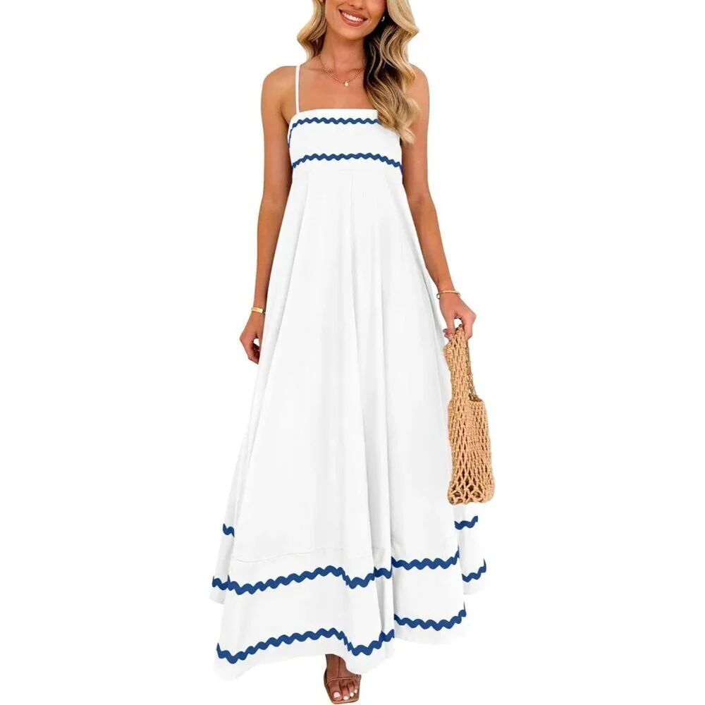 Women's White Blue Casual Sleeveless Spaghetti Strap Ruffle Beach Maxi Dress